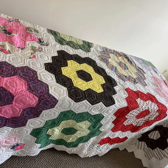 MCM Vintage Colorful Handmade Quilt Octagon Mixed Material 60x94 Flower